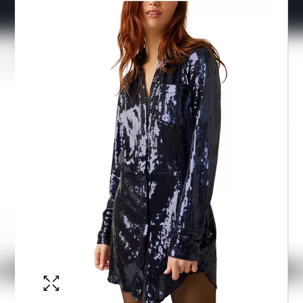 NWT Free People Sophie Sequined Shirt Mini Dress Blue Size S